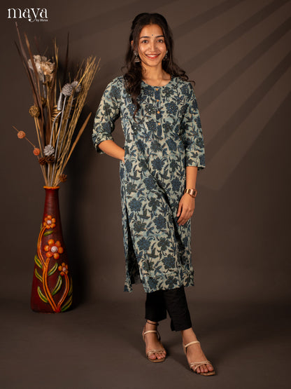 Blue Floral Printed Cotton Kurti - Shop on Shrus.com