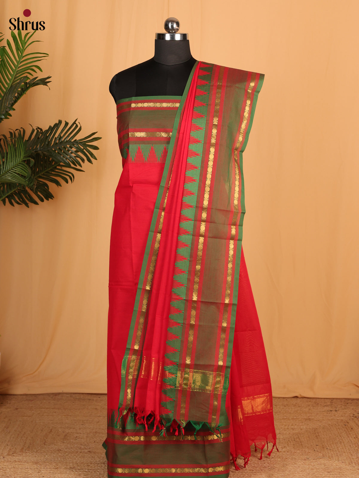Red with Green Chettinad Cotton Top &amp; Dupatta- MCL28064 - Shop on Shrus.com