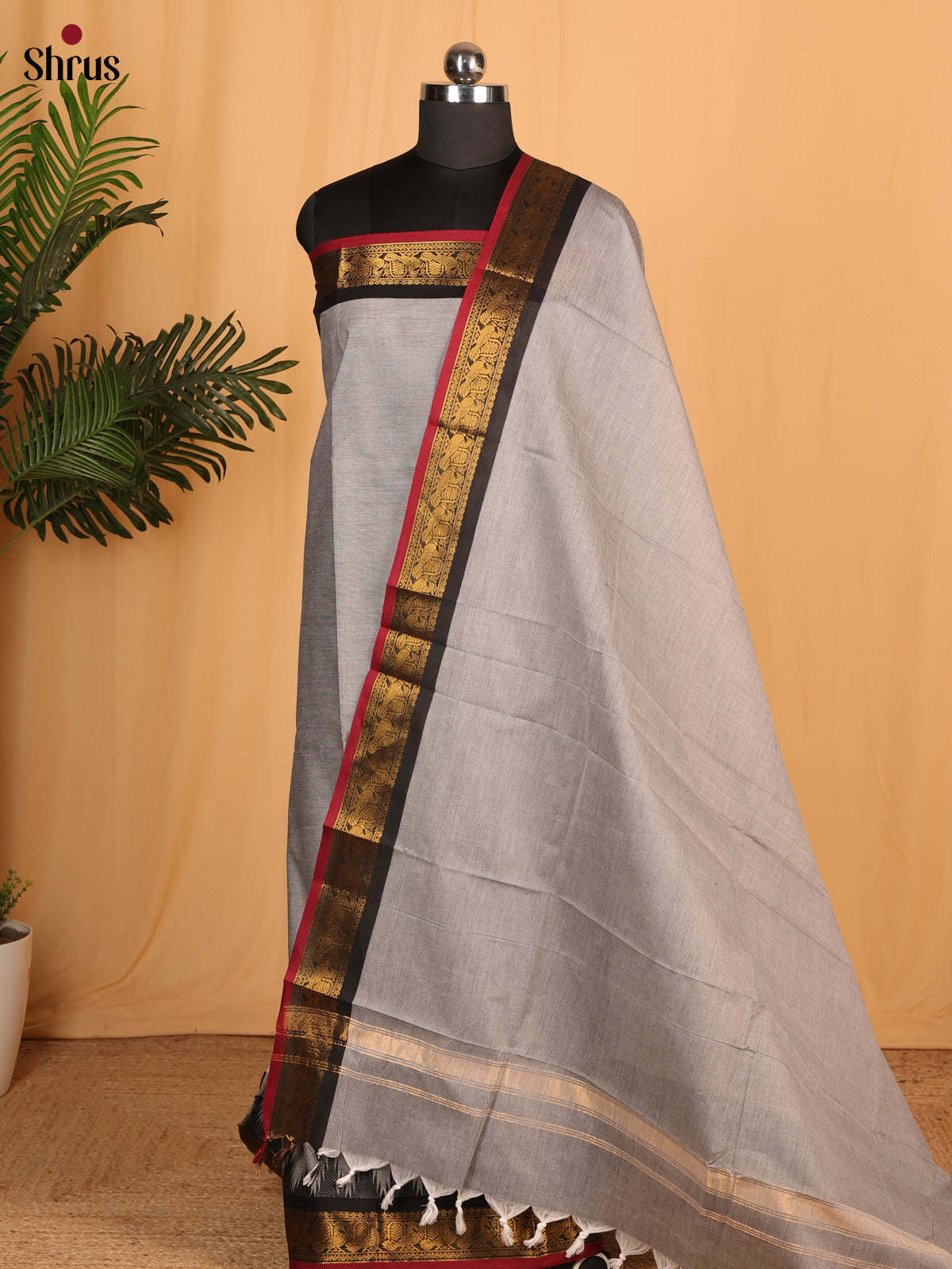 Grey with Black Chettinad Cotton  Top & Dupatta- MCL28067 - Shop on Shrus.com