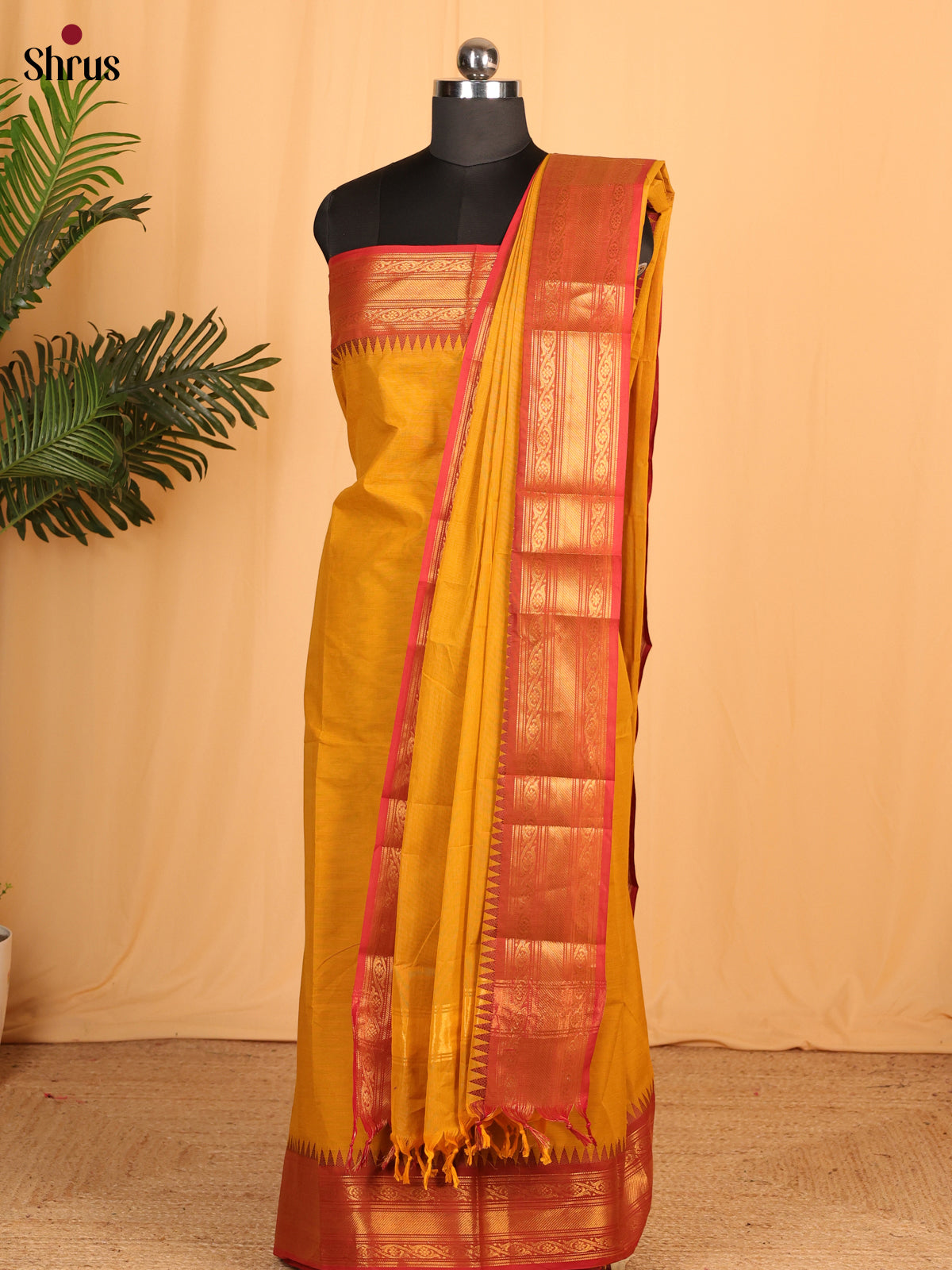 Mustard with Maroon Chettinad Cotton Unstitched Suit Set - Shop on Shrus.com