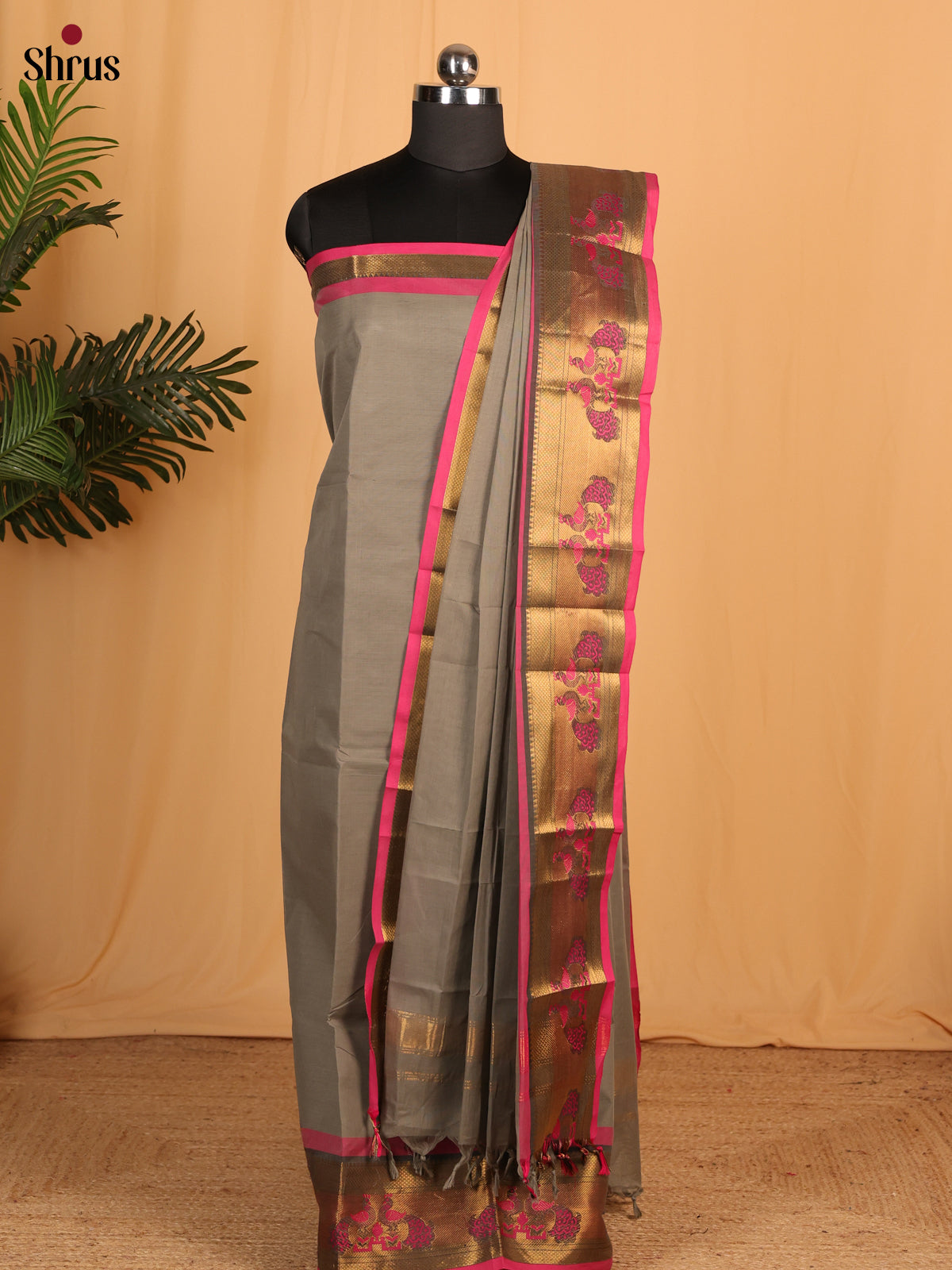 Grey with Pink Chettinad Cotton Top &amp; Dupatta - MCL28072 - Shop on Shrus.com