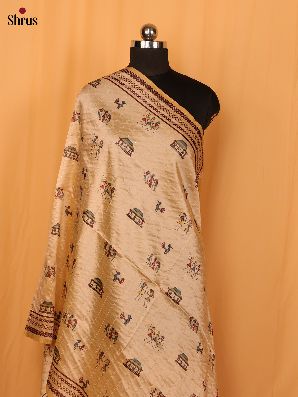Cream Warli Print Semi Silk Dupatta - MCL28079 - Shop on Shrus.com