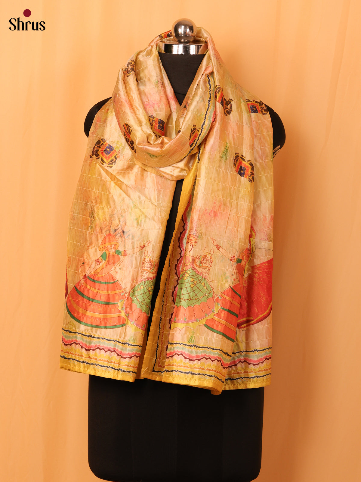 Cream Mughal Print Semi Silk Dupatta - MCL28118 - Shop on Shrus.com
