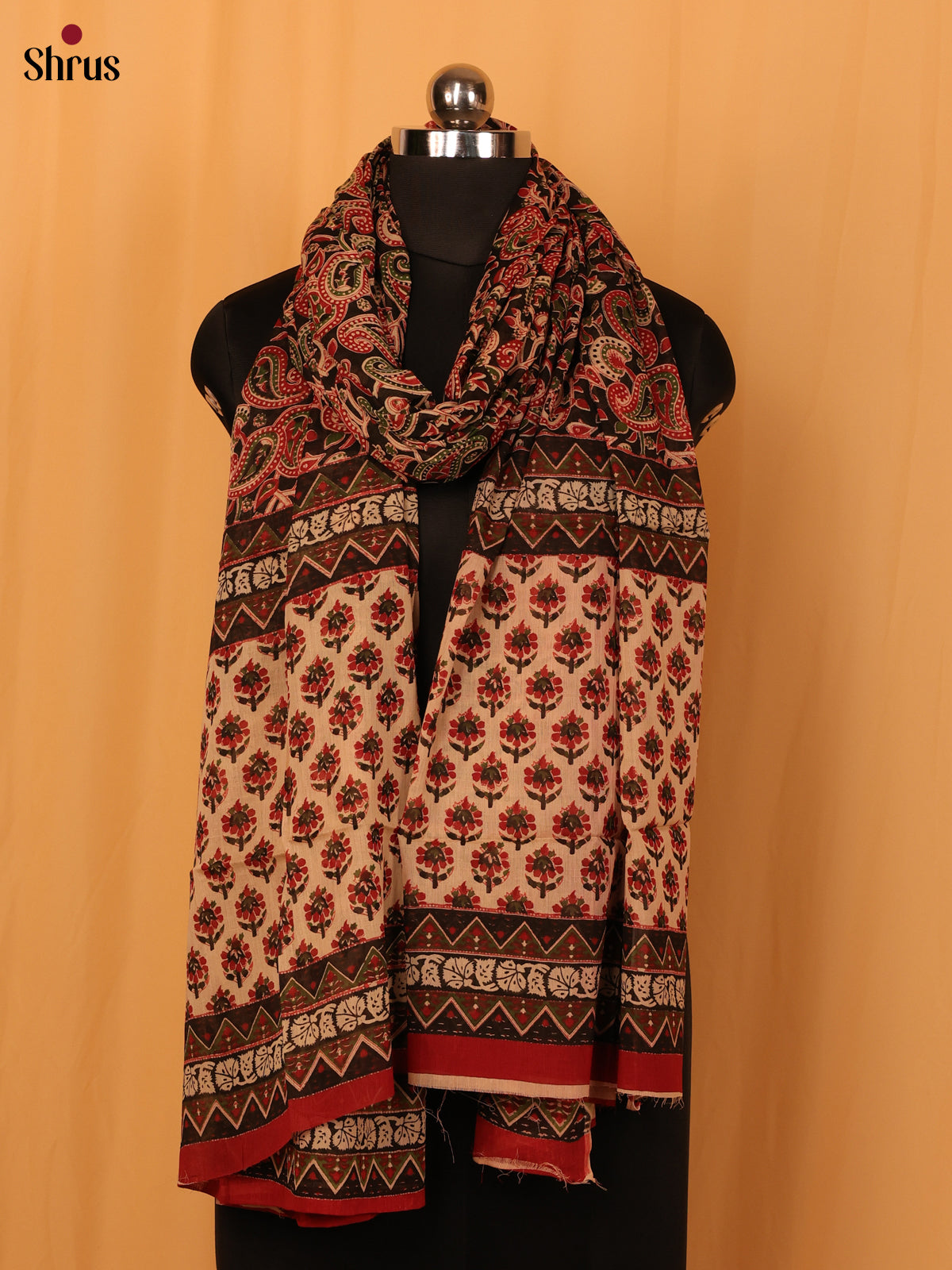 Black Kalamkari Cotton Dupatta - MCL28140 - Shop on Shrus.com