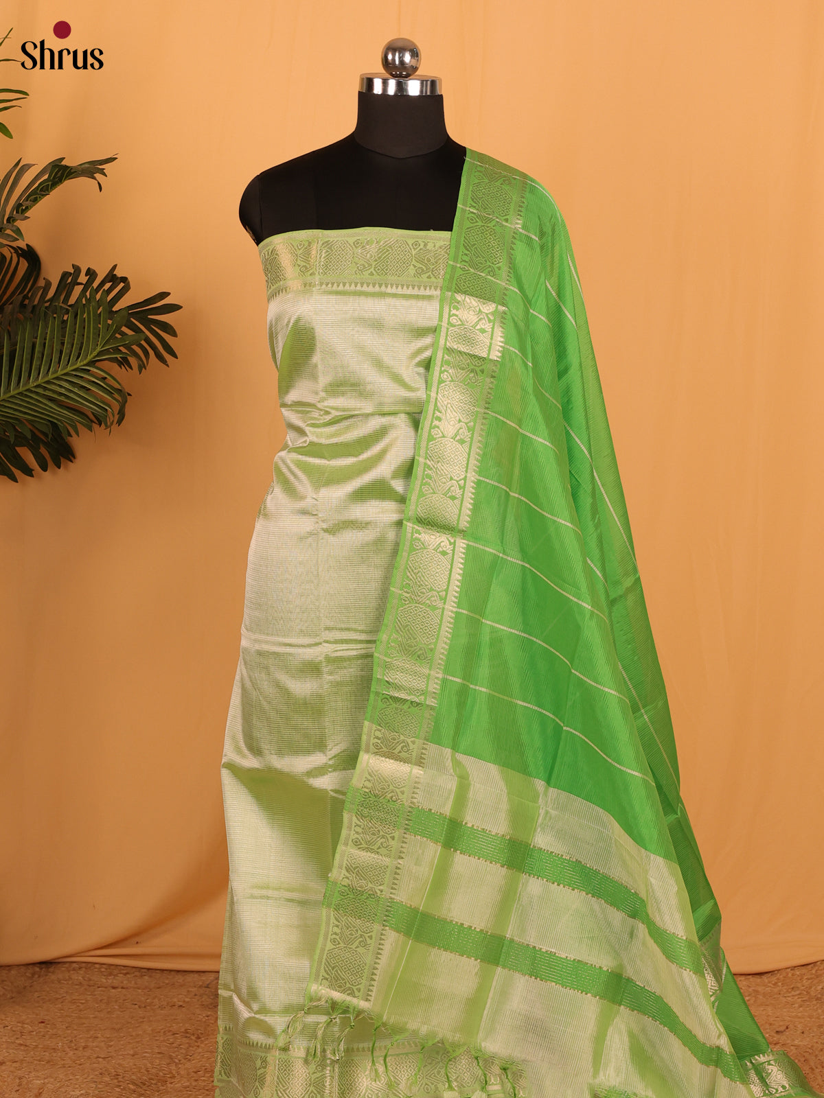 Green Mangalagiri Cotton Unstitched Top & Dupatta - MDA04001 - Shop on Shrus.com