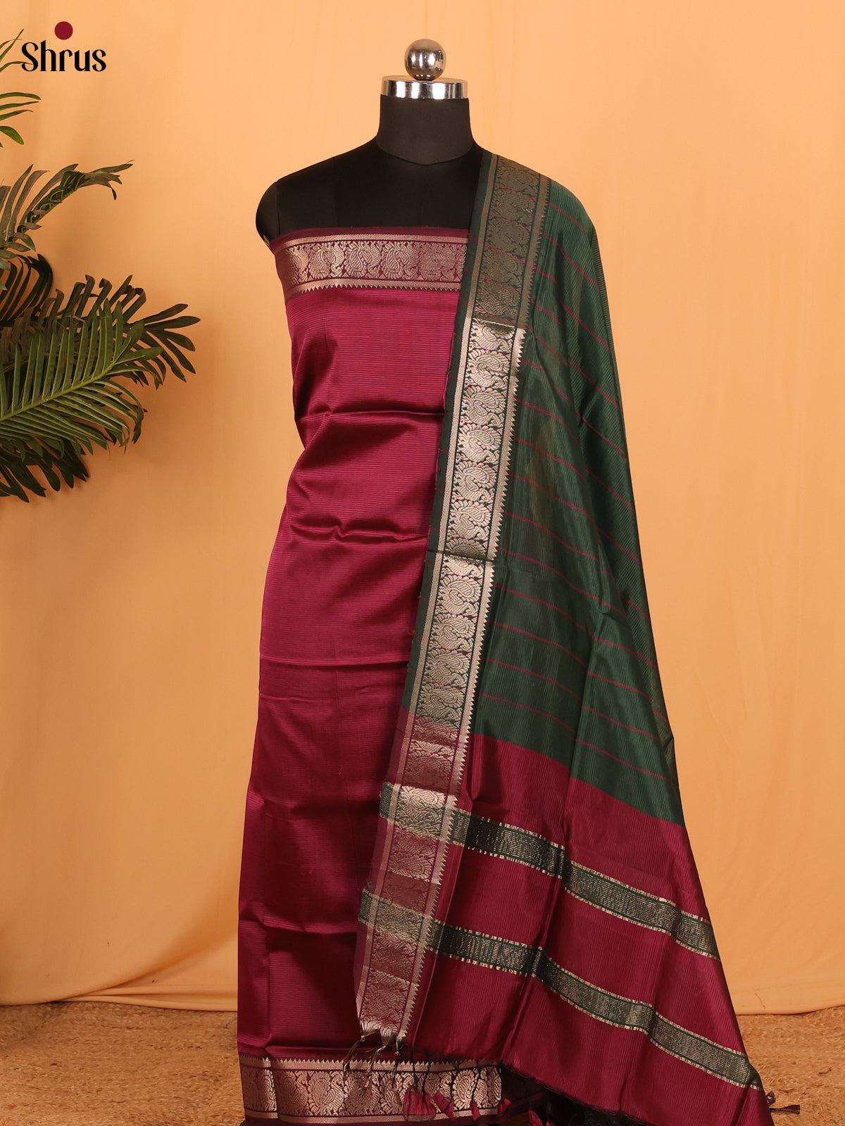 Maroon With Green Mangalagiri Cotton Unstitched Top & Dupatta - MDA04002 - Shop on Shrus.com