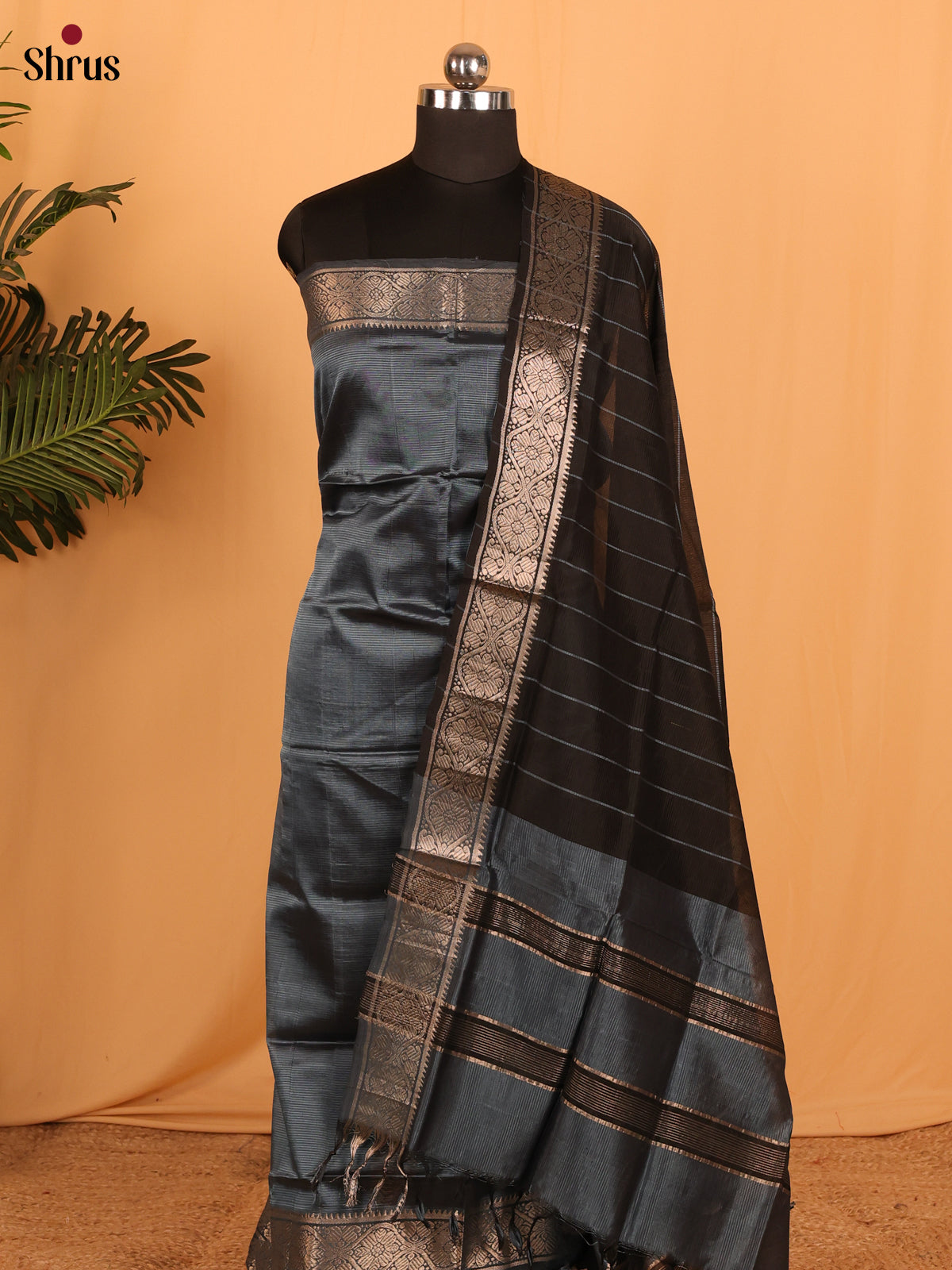 Grey With Black Mangalagiri Cotton Unstitched Suit Set - Shop on Shrus.com