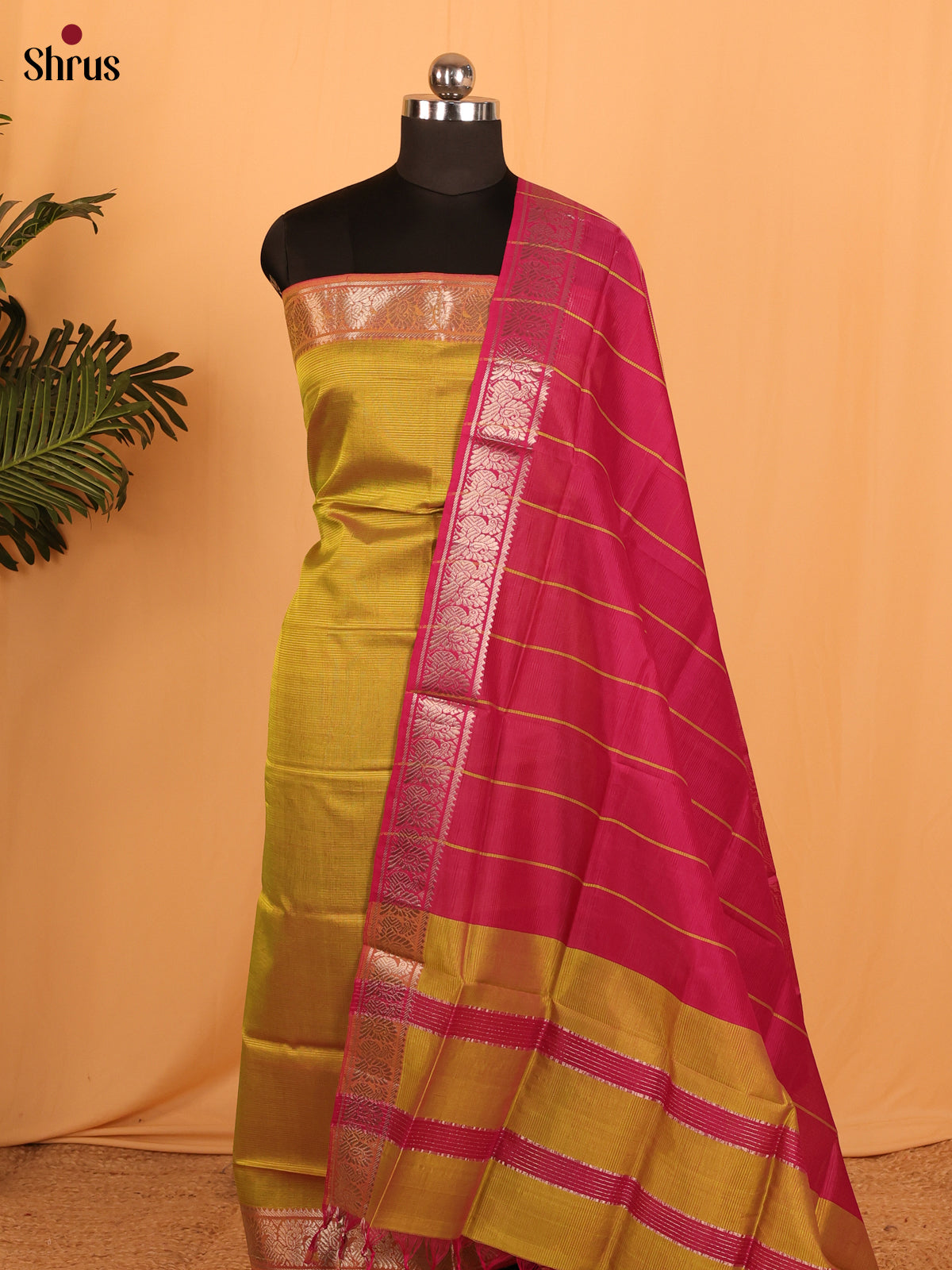 Mustard & Green & Pink Managalagiri Cotton Unstitched Top & Dupatta - MDA04007 - Shop on Shrus.com