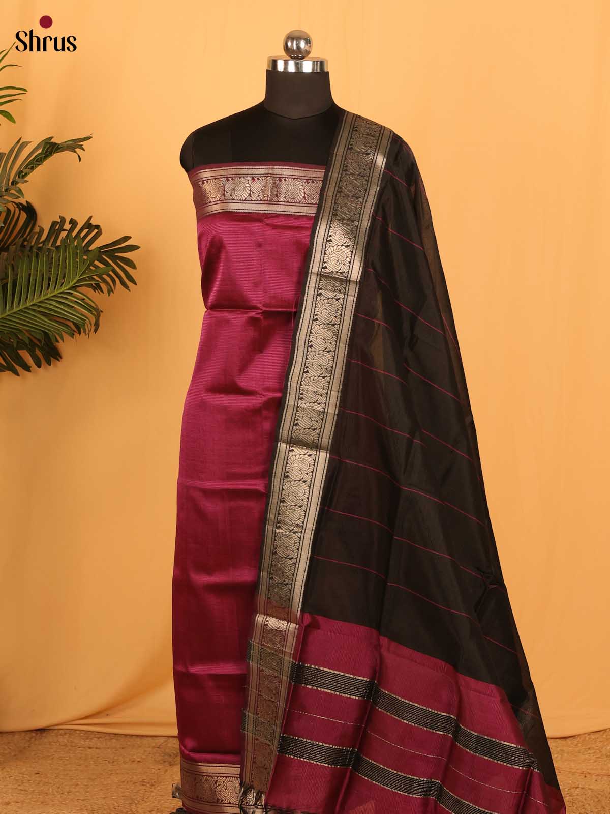 Maroon with Black Managalagiri Cotton Unstitched Suit Set - Shop on Shrus.com