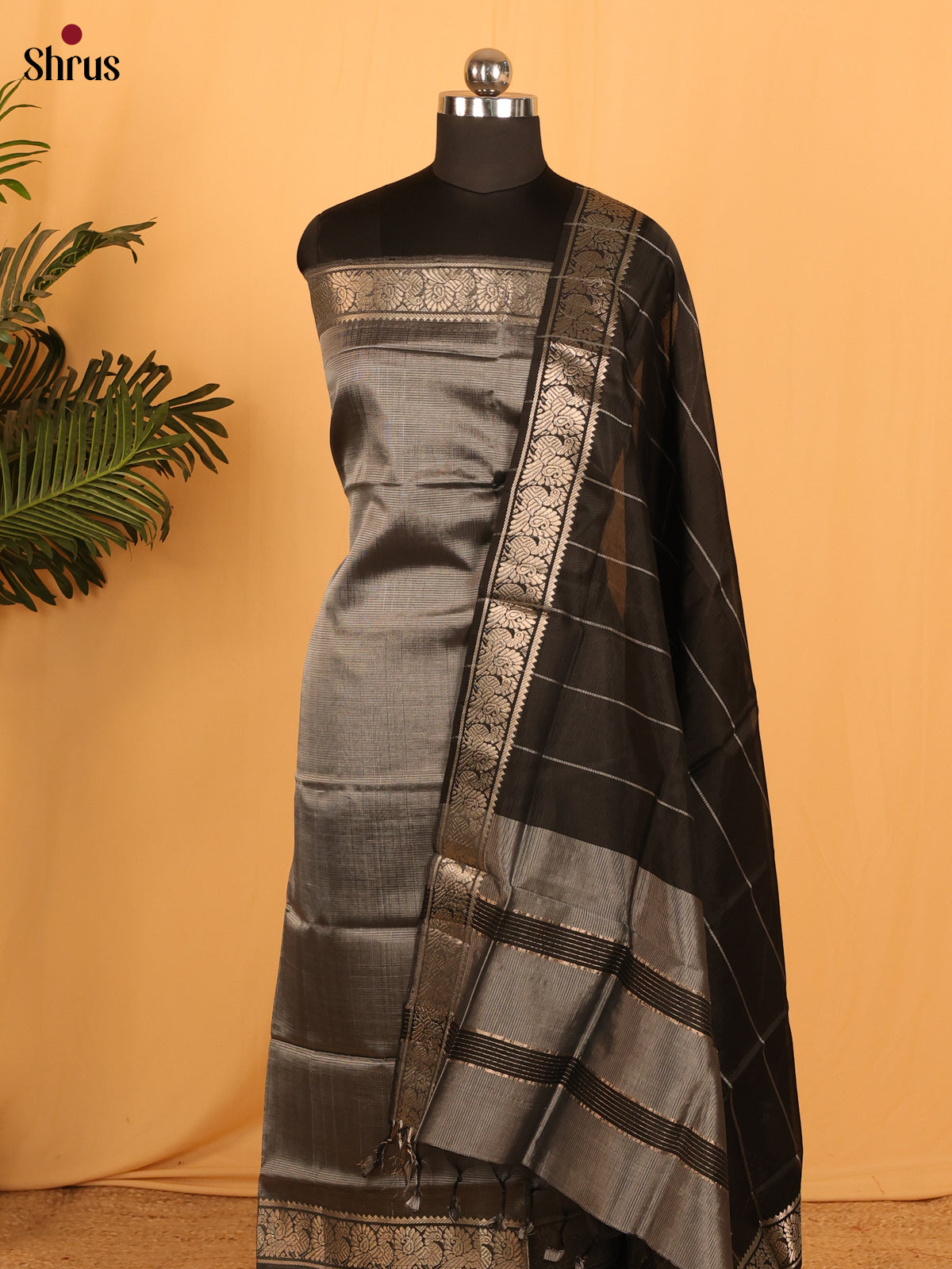 Grey With Black Managalagiri Cotton Unstitched Top & Dupatta - MDA04009 - Shop on Shrus.com