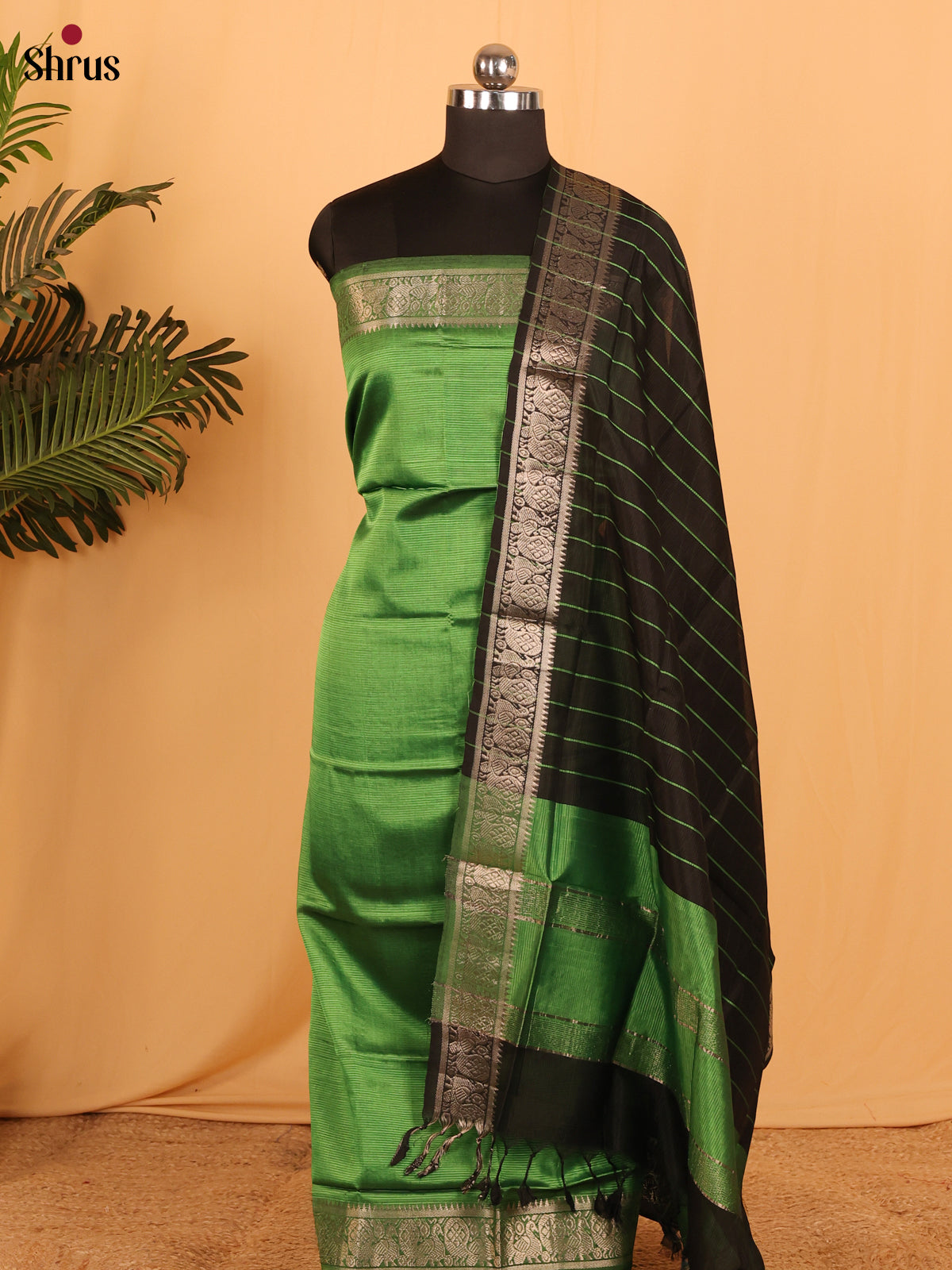 Green with Black Managalagiri Cotton Unstitched Top & Dupatta - MDA04012 - Shop on Shrus.com