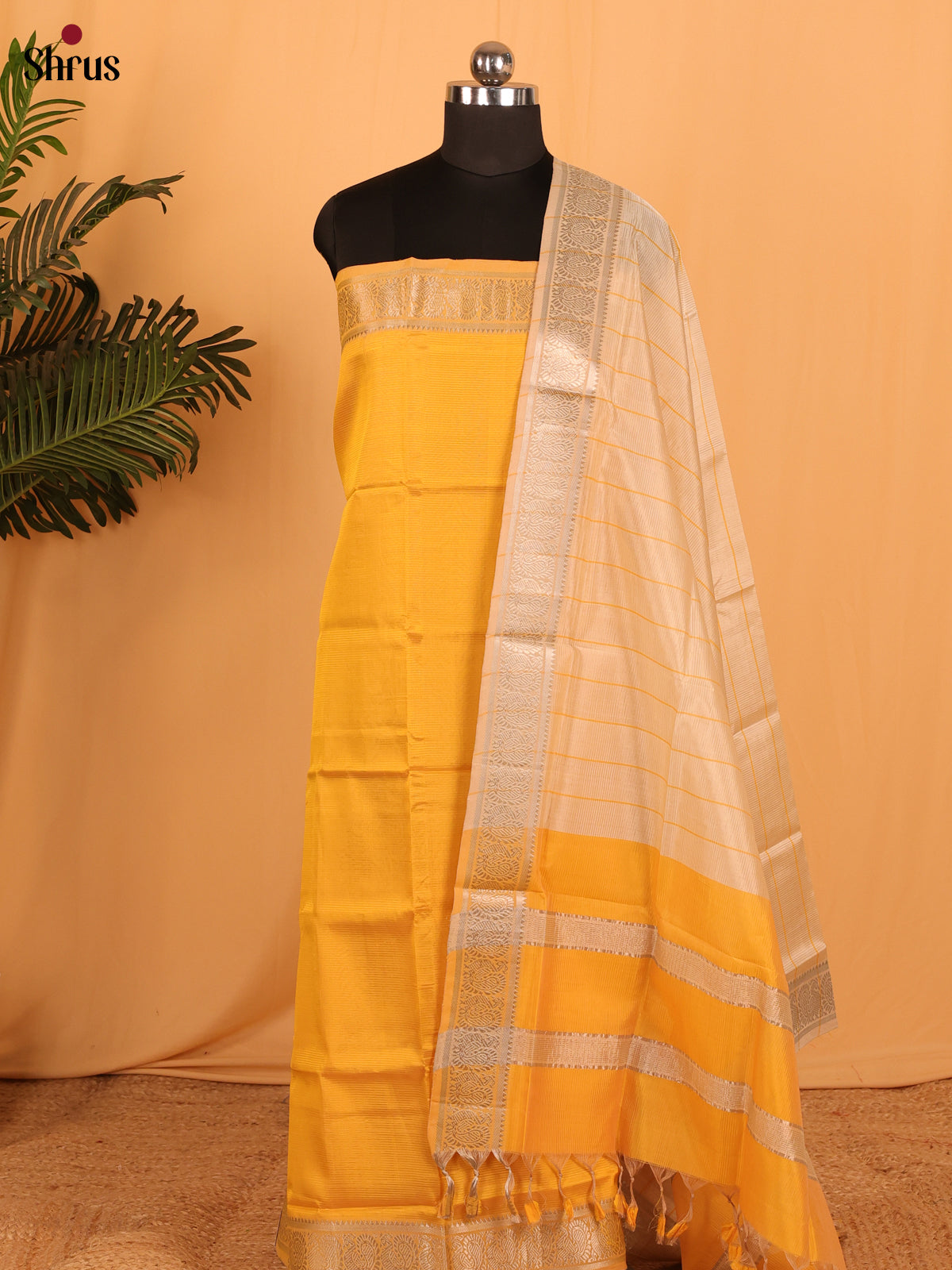 Mustard & Cream Managalagiri Cotton Unstitched Top & Dupatta - MDA04015 - Shop on Shrus.com