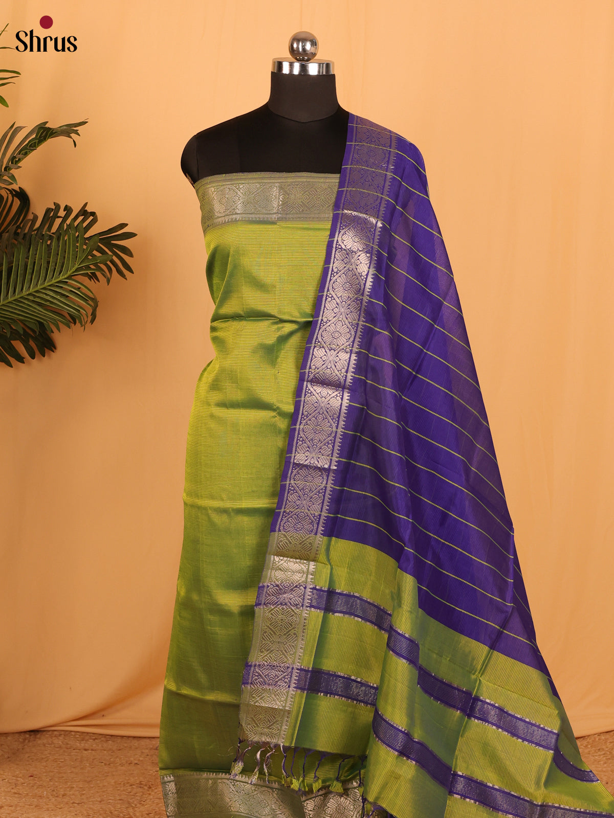 Green with Violet Managalagiri Cotton Unstitched Suit Set - Shop on Shrus.com