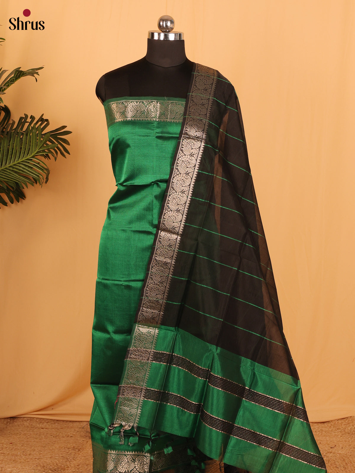 Green with Black Managalagiri Cotton Unstitched Top & Dupatta - MDA04021 - Shop on Shrus.com