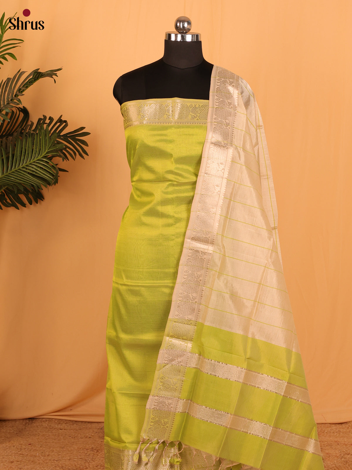 Green & Cream Mangalagiri Cotton Unstitched Top & Dupatta - MDA04022 - Shop on Shrus.com