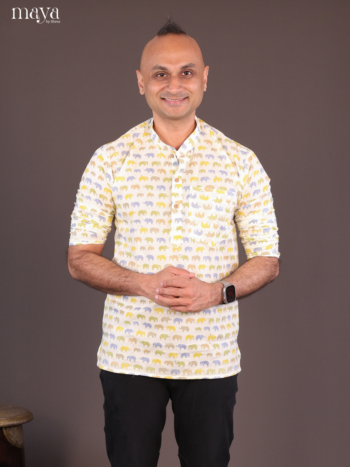 Cream Cotton Elephant Printed Short Men Kurta - Shop on Shrus.com
