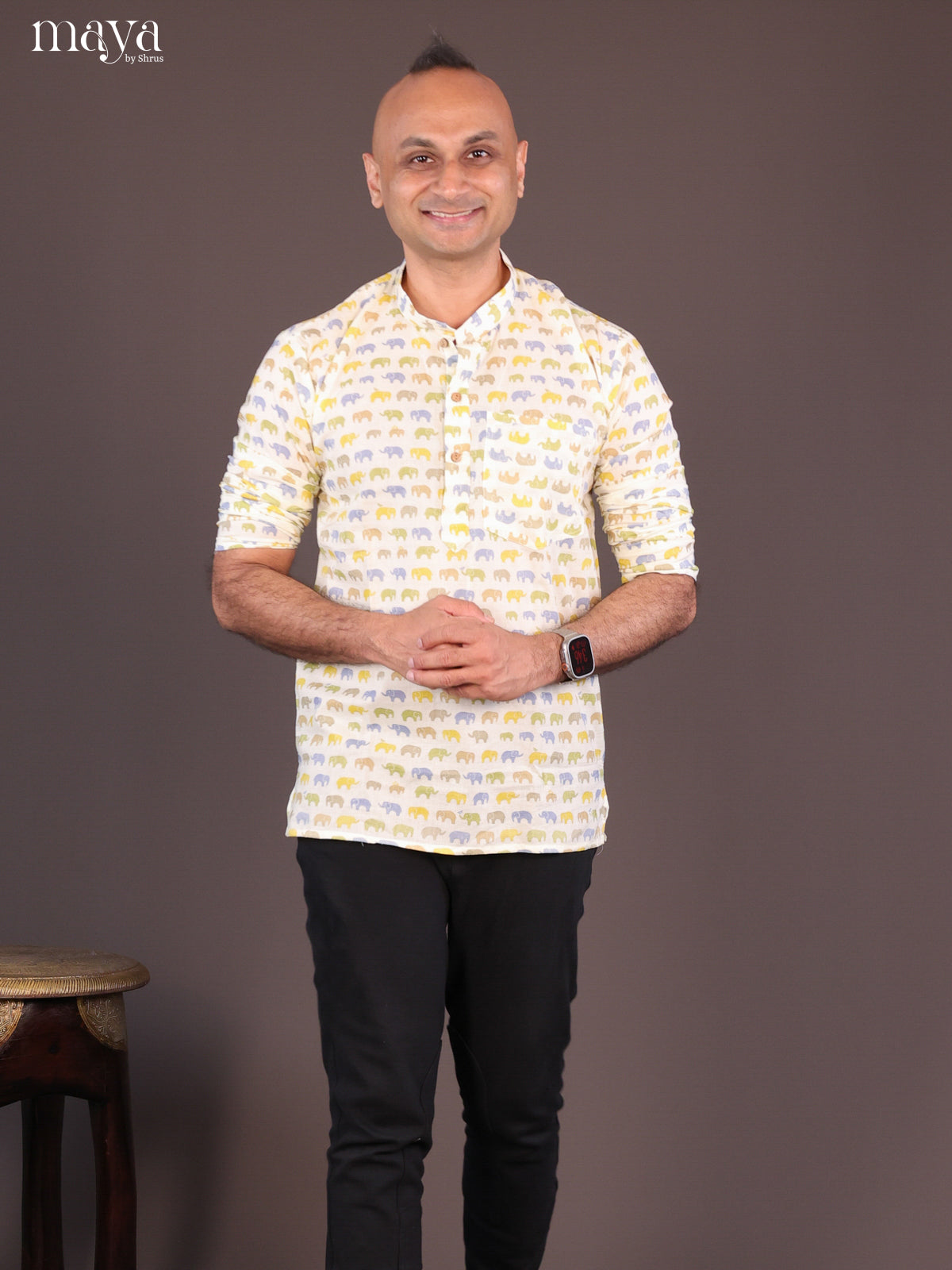 Cream Cotton Elephant Printed Short Men Kurta - Shop on Shrus.com