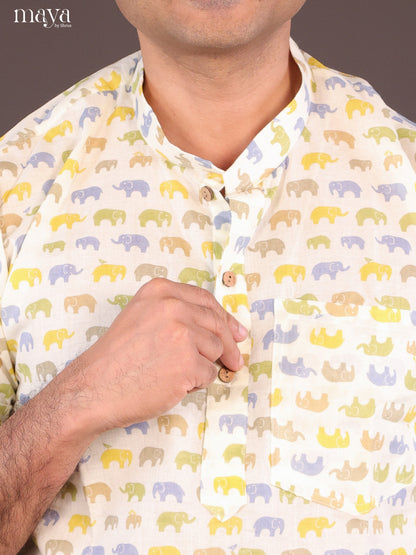 Cream Cotton Elephant Printed Short Men Kurta - Shop on Shrus.com