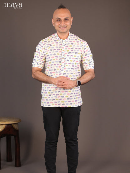 Cream Cotton Printed Short Men Kurta - Shop on Shrus.com
