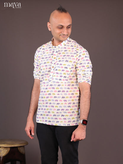 Cream Cotton Printed Short Men Kurta - Shop on Shrus.com