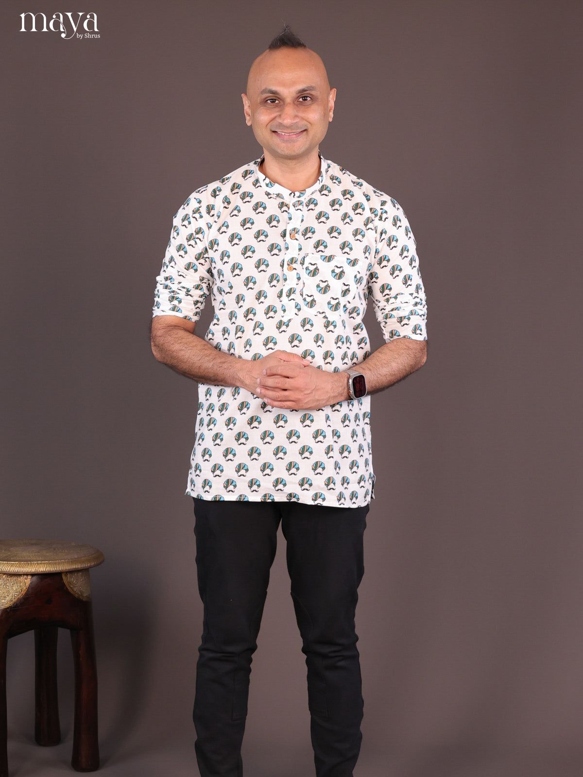 White Cotton Warli Printed Short Men Kurta - Shop on Shrus.com