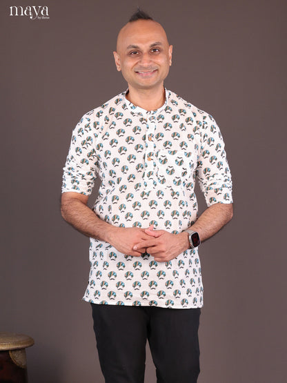 White Cotton Warli Printed Short Men Kurta - Shop on Shrus.com
