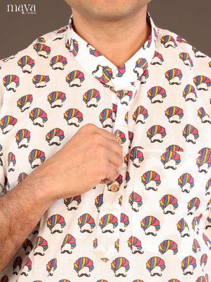White Cotton Warli Printed Short Men Kurta - Shop on Shrus.com