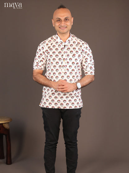 White Cotton Warli Printed Short Men Kurta - Shop on Shrus.com