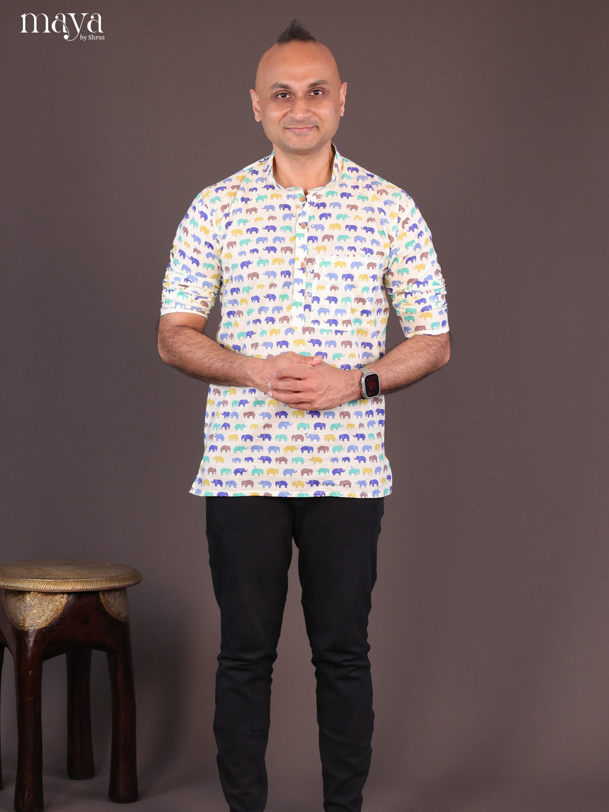 Cream Cotton Elephant Printed Short Men Kurta - Shop on Shrus.com
