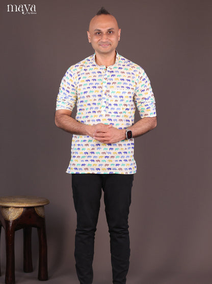 Cream Cotton Elephant Printed Short Men Kurta - Shop on Shrus.com