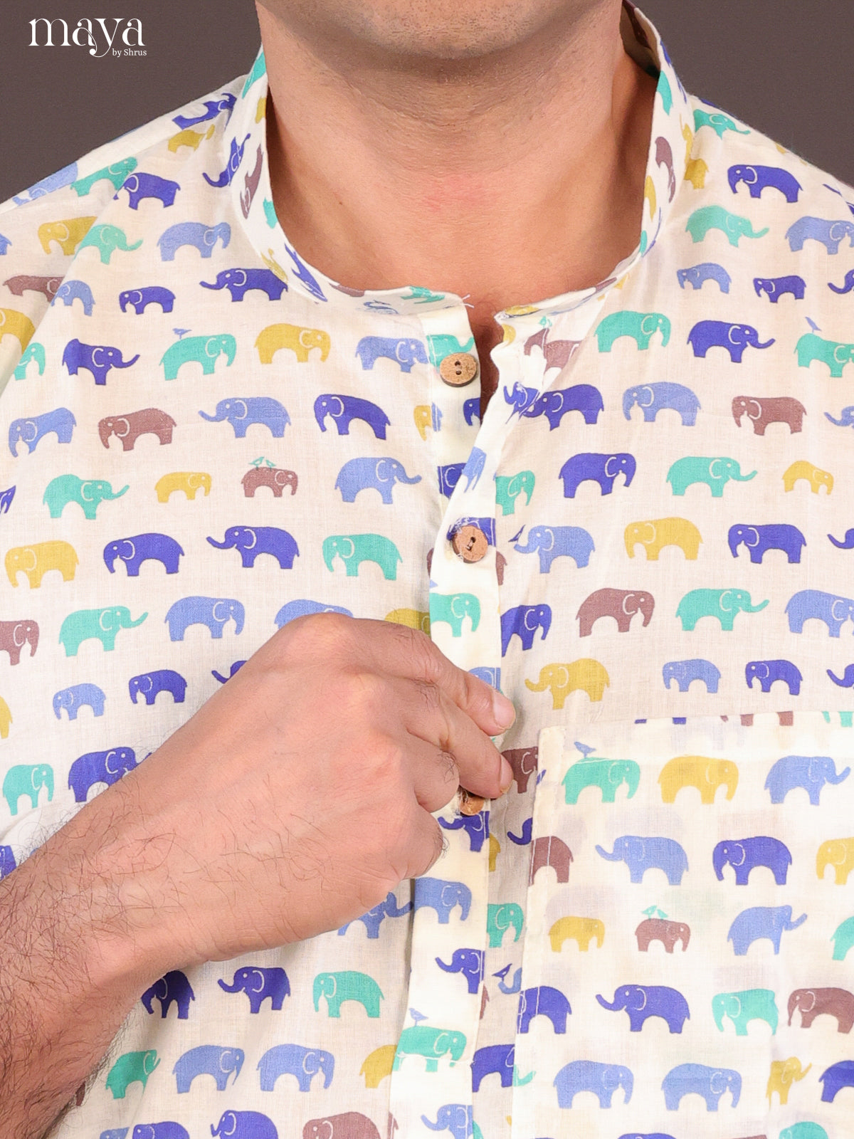 Cream Cotton Elephant Printed Short Men Kurta - Shop on Shrus.com