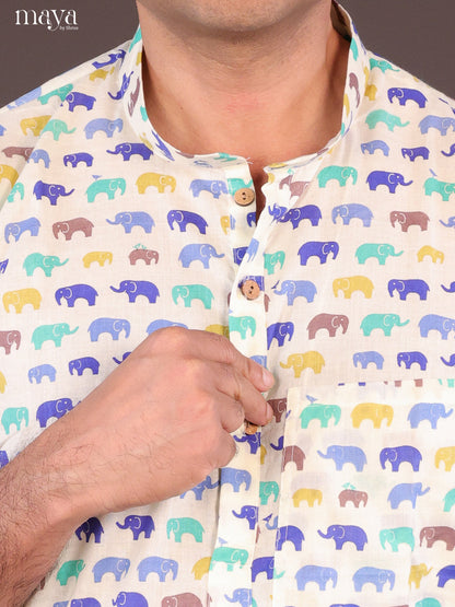 Cream Cotton Elephant Printed Short Men Kurta - Shop on Shrus.com