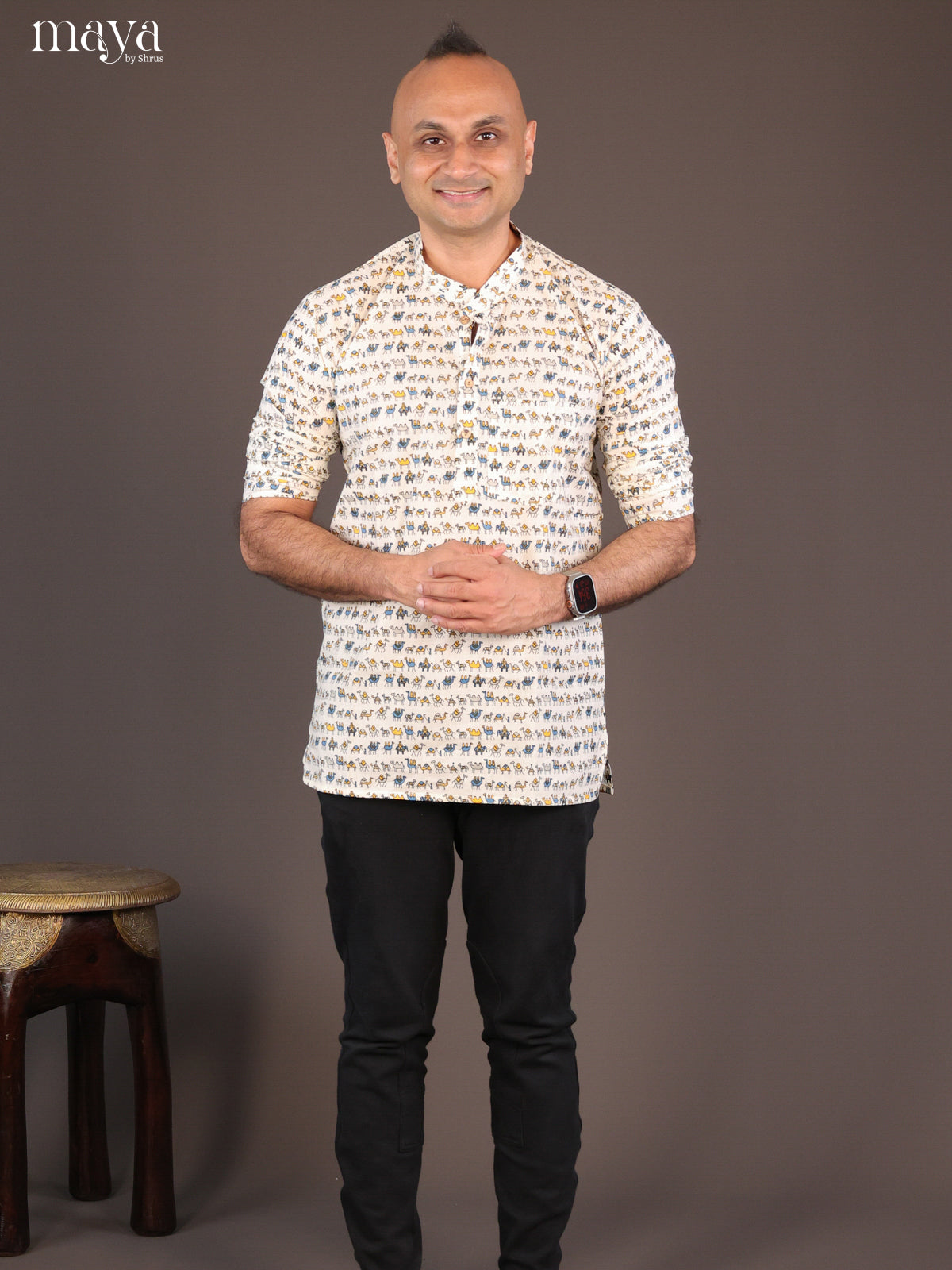 Cream Cotton Block Printed Short Men Kurta - Shop on Shrus.com