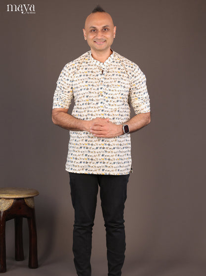Cream Cotton Block Printed Short Men Kurta - Shop on Shrus.com