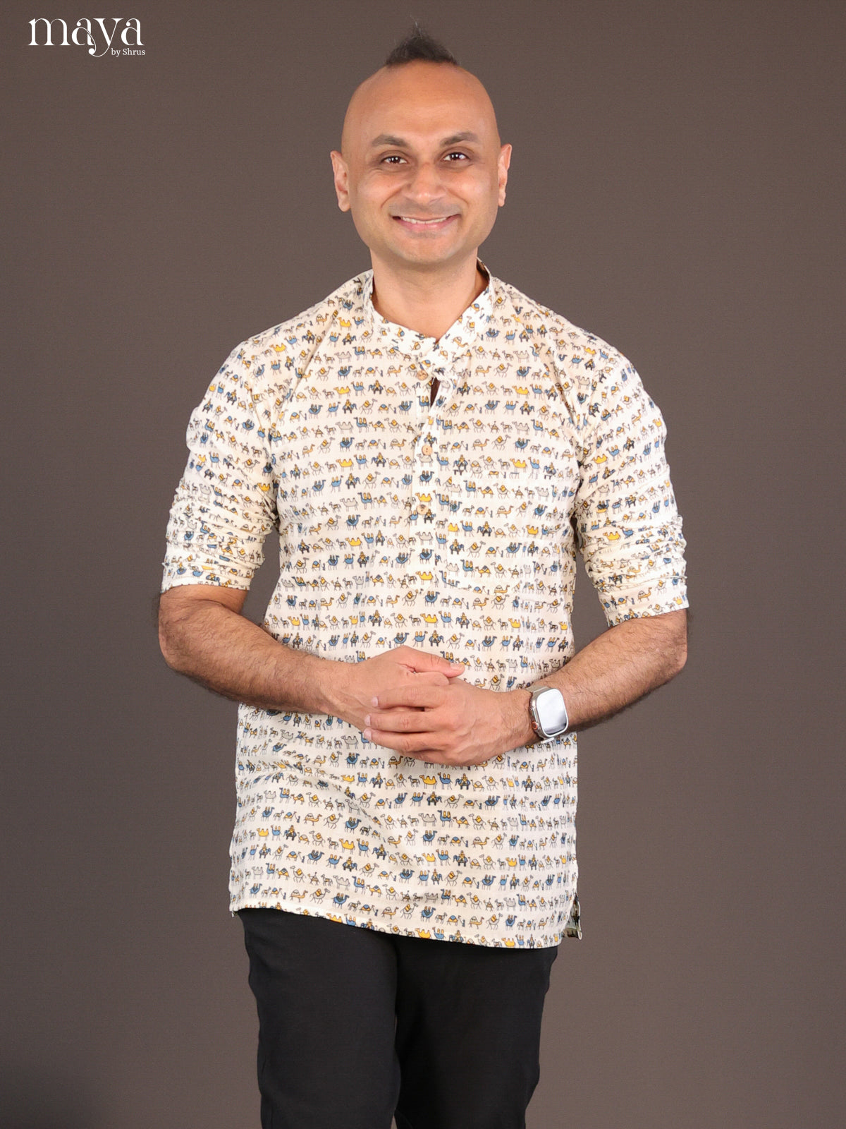 Cream Cotton Block Printed Short Men Kurta - Shop on Shrus.com