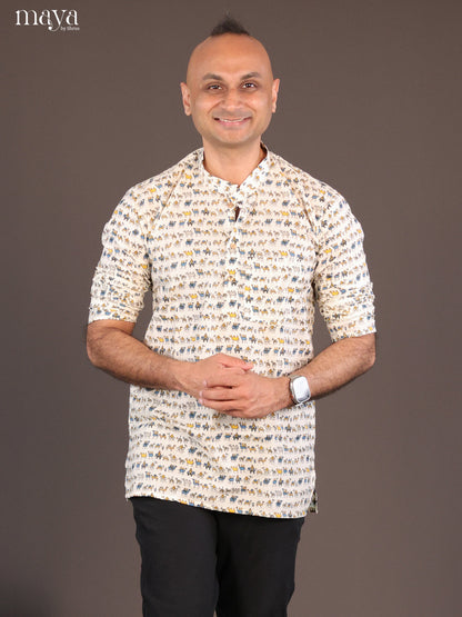 Cream Cotton Block Printed Short Men Kurta - Shop on Shrus.com