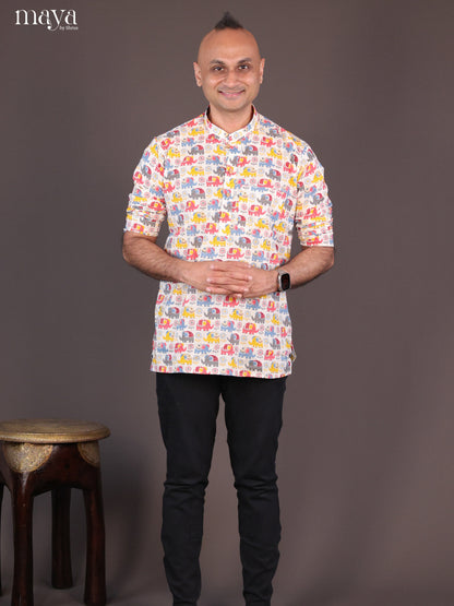 Cream Cotton Elephant Short Men Kurta - Shop on Shrus.com