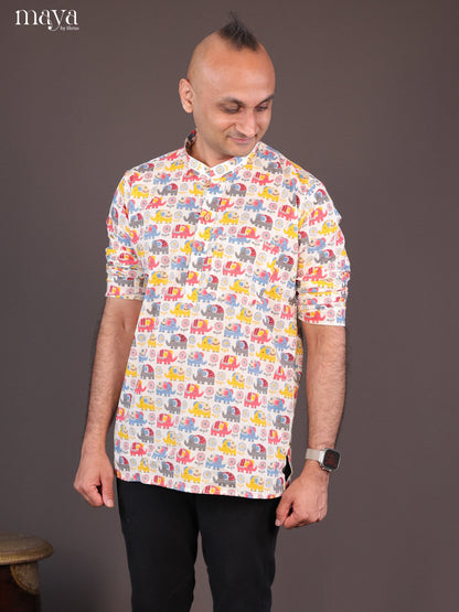 Cream Cotton Elephant Short Men Kurta - Shop on Shrus.com