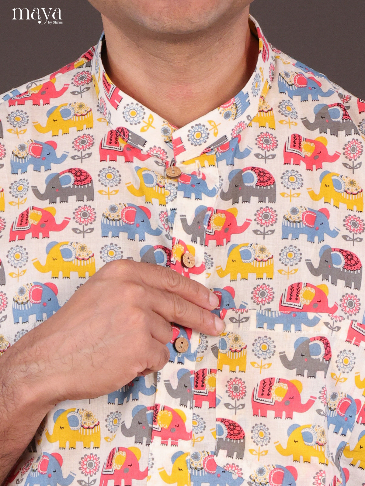 Cream Cotton Elephant Short Men Kurta - Shop on Shrus.com