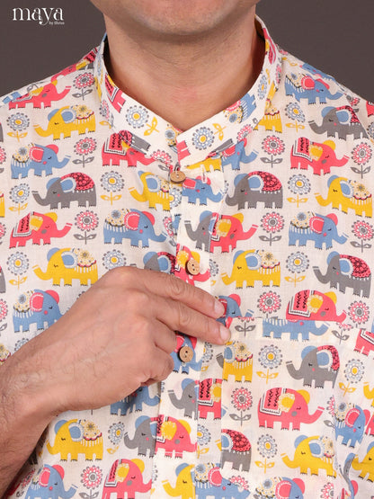Cream Cotton Elephant Short Men Kurta - Shop on Shrus.com