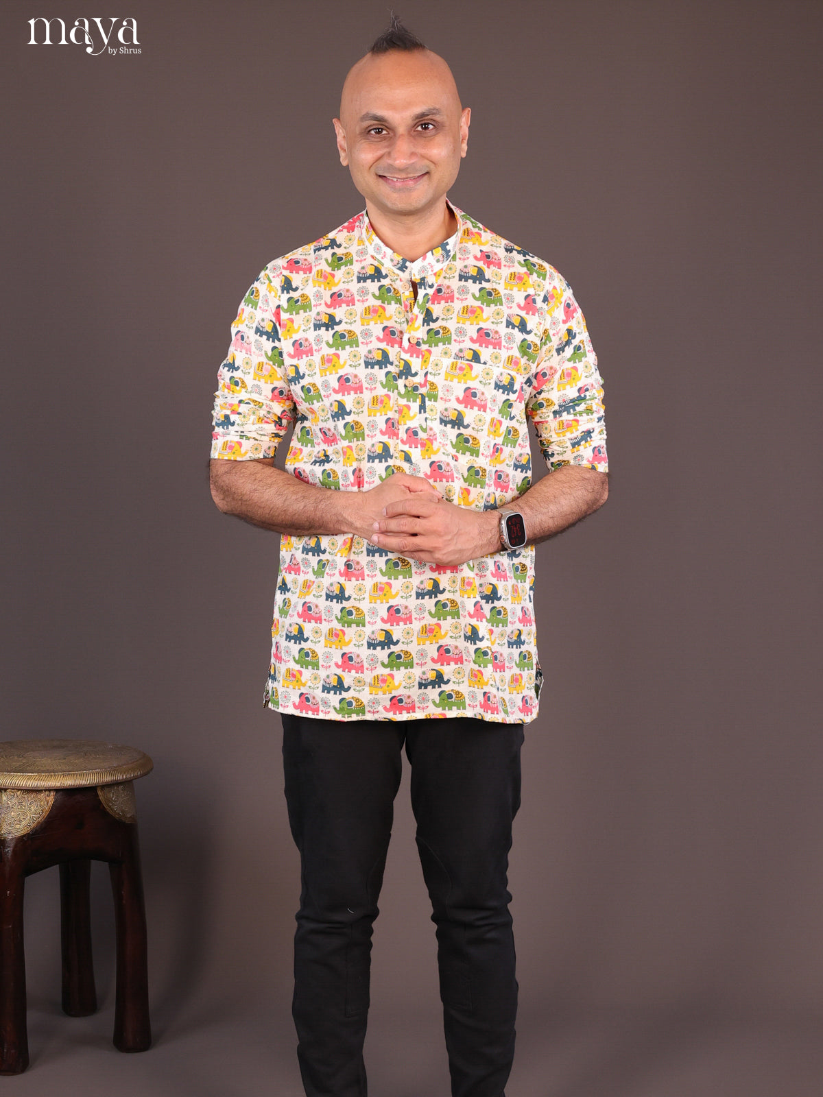 Cream Cotton Elephant Printed Short Men Kurta - Shop on Shrus.com