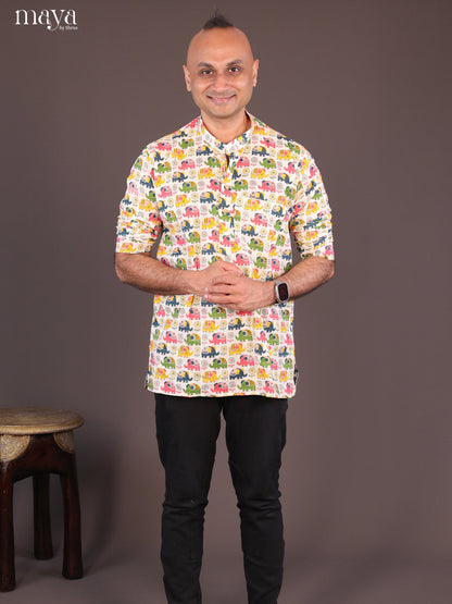 Cream Cotton Elephant Printed Short Men Kurta - Shop on Shrus.com