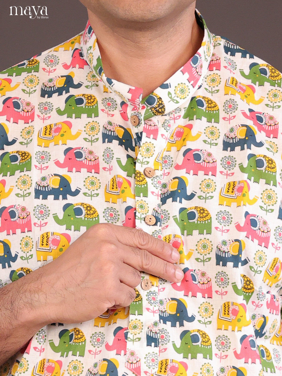 Cream Cotton Elephant Printed Short Men Kurta - Shop on Shrus.com