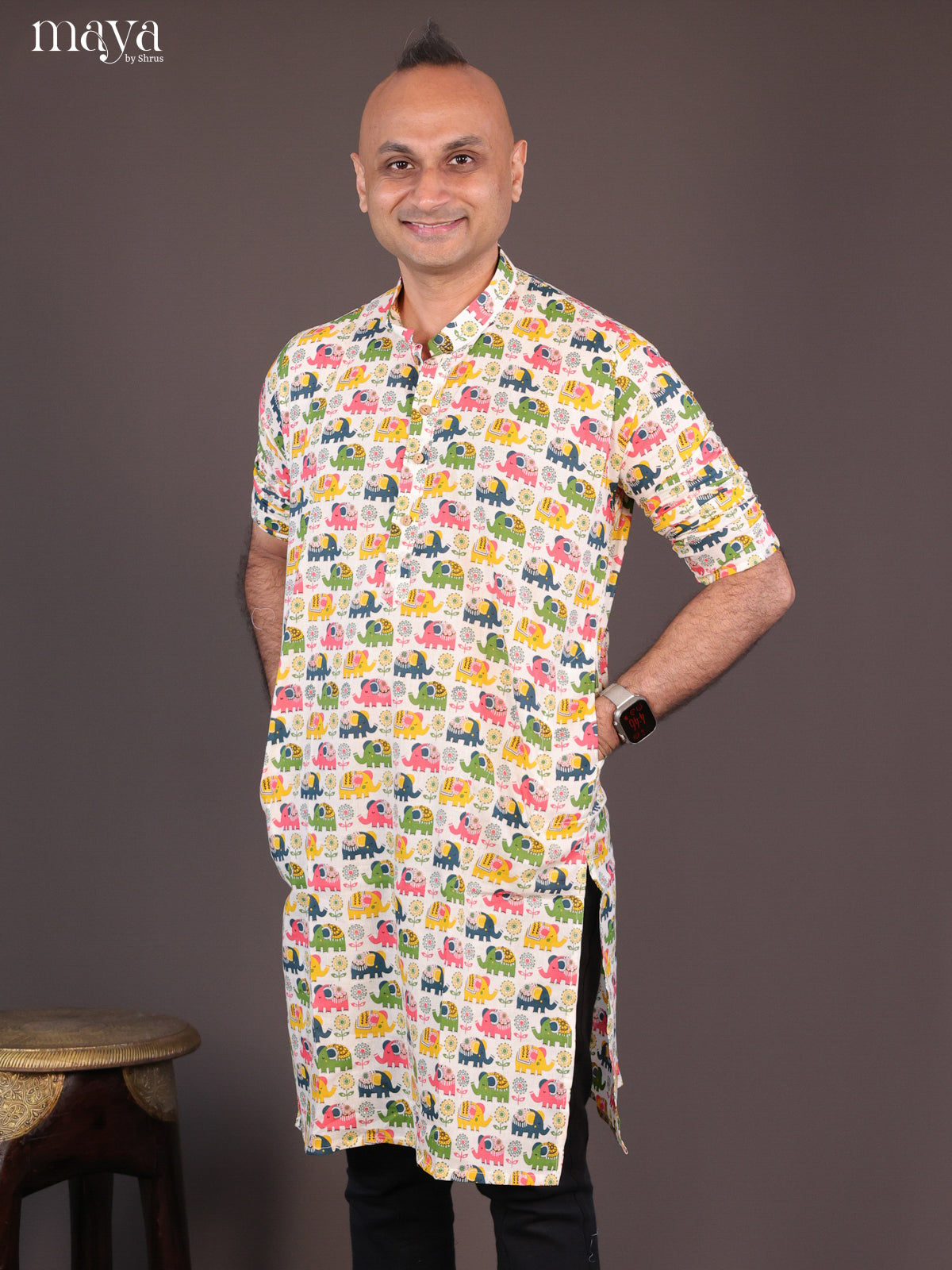 Cream Cotton Elephant Printed Short Men Kurta - Shop on Shrus.com