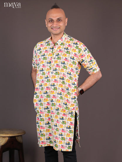 Cream Cotton Elephant Printed Short Men Kurta - Shop on Shrus.com