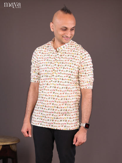 Cream Cotton Block Printed Short Men Kurta - Shop on Shrus.com