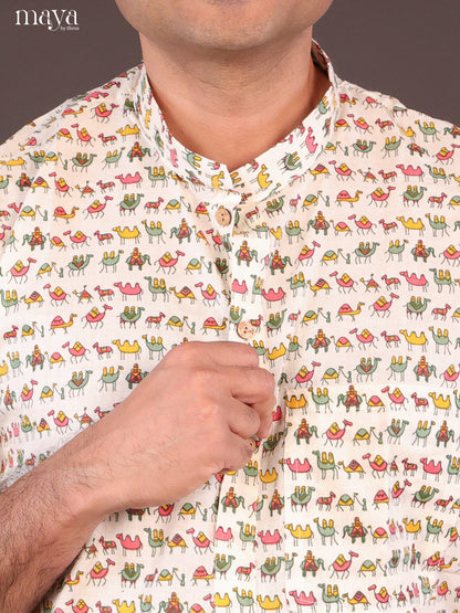 Cream Cotton Block Printed Short Men Kurta - Shop on Shrus.com