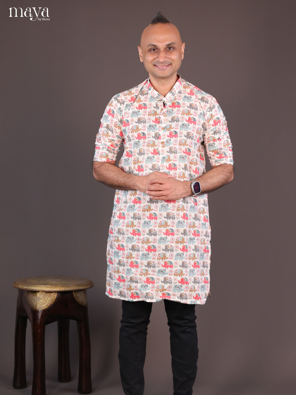 Cream Cotton Elephant Printed Long Men Kurta - Shop on Shrus.com