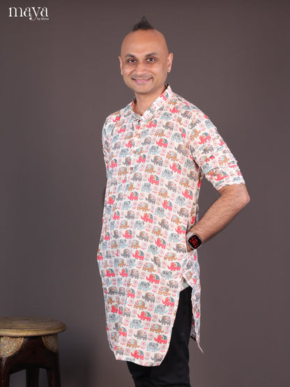 Cream Cotton Elephant Printed Long Men Kurta - Shop on Shrus.com