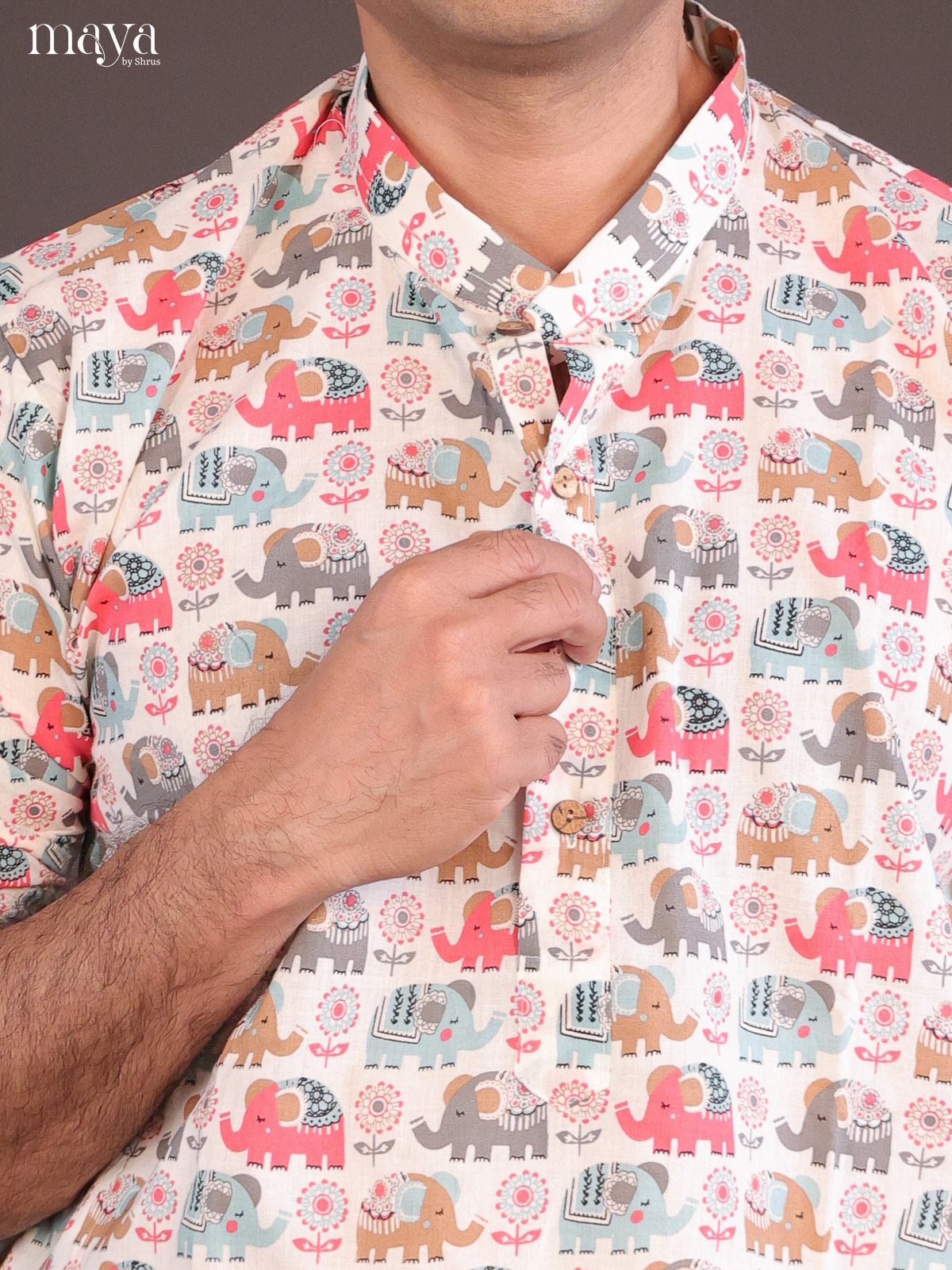 Cream Cotton Elephant Printed Long Men Kurta - Shop on Shrus.com
